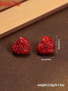 1 Pair Women's Red Heart-Shaped Full Rhinestone Earrings, Sweet Girly Style, Versatile And Fashionable, Suitable For All Occasions - Red Clay Heart - View 7