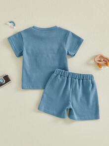 Aunties Little Dude Baby Clothes Toddler Boy 2 Piece Summer Outfit Embroidery Letter Short Sleeve T Shirts And Waffle Shorts Set - Blue - View 4