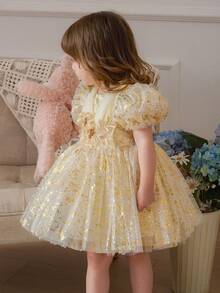 Baby Girls Champagne Puff Sleeve Mesh Tulle Peplum Dress, Princess Party Dress Suitable For 1st Birthday, Wedding, Banquet, Party, Holiday Celebration - Champagne - View 6