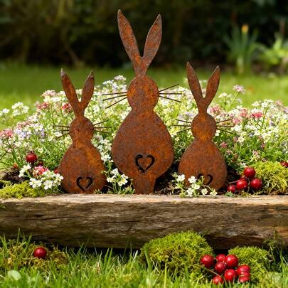3pcs Rustic Metal Garden Decor Set - Durable Iron Planters, Adorable Rabbit Shaped Plant Stand, Easter Bunny & Floral Heart Design, No Electricity Needed, Great For Easter, Thanksgiving & Holiday Celebrations [Lawn & Garden Decor]