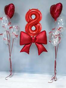 12pcs Birthday Decoration Set, Large Red Bow Foil Balloons, 40-Inch Red 0-9 Birthday Number Balloons, 18-Inch Red Heart Balloons, Clear Latex Balloons (With Balloon Ribbons), Suitable For Birthday Party, Anniversary Decoration - Multicolor - View 8