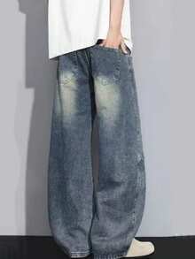 青少年男童拼接复古水洗蓝色喇叭牛仔裤，休闲宽松百搭，适合春秋季穿着 - 藍色 - 查看 4