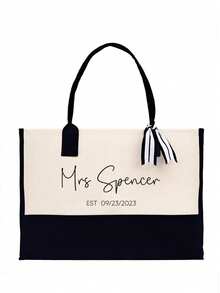 1pc Personalized Beach Tote Bag, Bridesmaid Gift Bag And Monogram Scarf, Custom Linen Bridesmaid Bag, Canvas Tote Bag Gift, Multifunctional Large Capacity, Fashion Cute Minimalist, Work Commute, Couple Gift, Family Friend Birthday Anniversary Gift - Multicolor - View 5