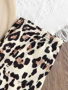 少女休闲度假时尚街头豹纹樱桃字母图案短袖T恤和裤子套装，春夏秋季 - 杏色 - 查看 5