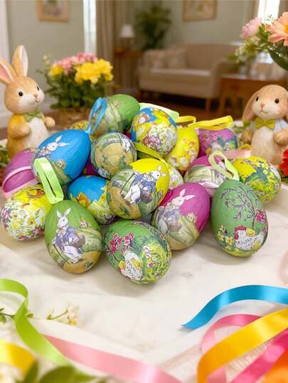 6个复古风格纸浆泡沫彩色复活节彩蛋挂饰，动物主题复活节装饰，手工制作纹理彩色饰品，树挂饰，椭圆形纸质复活节彩蛋饰品，适合春夏，复活节篮子树装饰，派对礼品，家居装饰