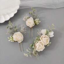 3件套玫瑰休闲布艺花卉头饰套装，新娘玫瑰花头饰套装，伴娘花朵发夹，婚礼礼物，感恩节礼物，全年适用 - 白色 - 查看 1