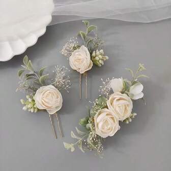 3件套玫瑰休闲布艺花卉头饰套装，新娘玫瑰花头饰套装，伴娘花朵发夹，婚礼礼物，感恩节礼物，全年适用