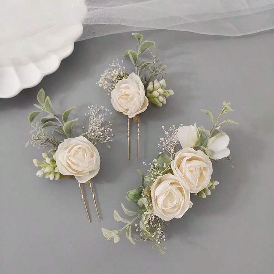 3件套玫瑰休闲布艺花卉头饰套装，新娘玫瑰花头饰套装，伴娘花朵发夹，婚礼礼物，感恩节礼物，全年适用 - 白色 - 查看 1