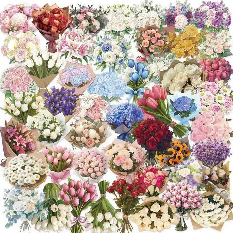 50 Cartoon Satin Dream Flower Gift Bouquet Combination Stickers Decoration DIY Mobile Phone Water Cup Skateboard PET New Waterproof Stickers - Multicolor - View 1