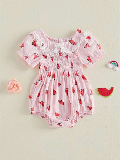 Romper de Verano para Bebés Niñas con Estampado de Cerezas y Sandías Cuello de Muñeca Manga Corta Atuendo Adorable