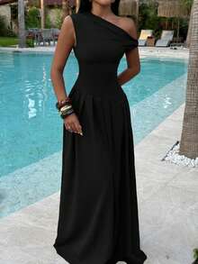 Vaiaye 女士纯色不对称露肩露背长款连衣裙，夏季新款优雅修身长裙，适合派对、日常穿着、约会等场合，黑色 - 黑色 - 查看 3