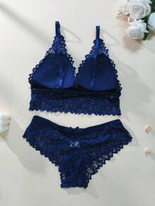 两件套女士性感蕾丝内衣套装，适合居家和派对穿着 - 藍色 - 查看 2