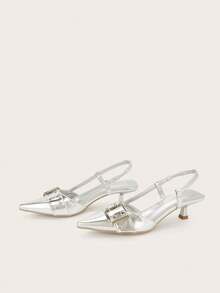 Women's Pointed Toe Metal Buckle High Heel Pumps, Spring/Summer - Silver - View 4