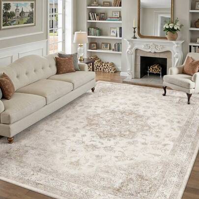 Cream Floral Pattern Area Rug Washable Rug Vintage Traditional Floor Cover Foldable Thin Retro Accent Indoor Non Slip Carpet Print Mat Bedroom Living Room Bathroom Home Decor Large Carpets Dining Room Rug Kitchen Rugs For Entryway