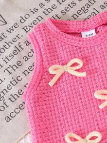 2件套女婴可爱休闲蝴蝶结镂空露背背心+牛仔长裤套装，春夏款 - 玫紅色 - 查看 4