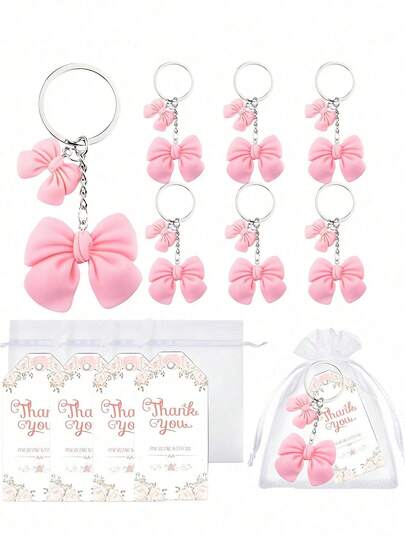 24/12/3pcs Bow Party Keychain Set, Including Bow Keychain, Thank You Labels And Organza Bags, Suitable For Bridal Shower, Bridesmaid Gifts, Table Gifts And Celebration Decorations And Accessories, Bag Accessories, Gift Accessories, Key Charms, Ideal Gifts For Friends And Famil/Y