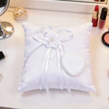 1pc Lace & Pearl Wedding Ring Pillow, White Lace Flower Bow Heart-Shaped Ring Box For Wedding Ceremony