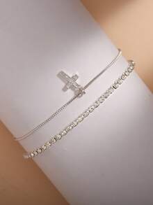 Tkool 2pcs/Set Classic Cross Element Bracelet, Daily Wear Double Layer Cross Bracelet Set - Silver - View 7