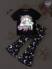 2pcs/Set Toddler Girls Casual Fashion Cute Unicorn Print Round Neck Short Sleeve T-Shirt And Loose Floral Wide Leg Pants Set, Suitable For Outdoor, Back To School, Commuting, Social Gatherings, Spring/Summer - Black - View 1