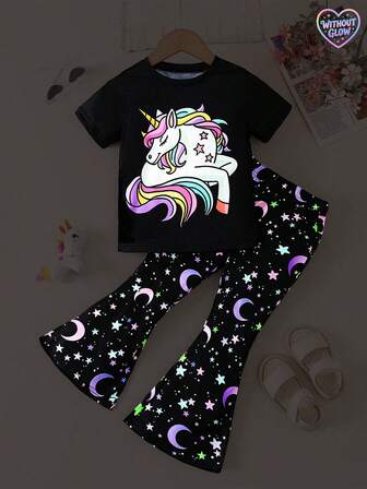 2pcs/Set Toddler Girls Casual Fashion Cute Unicorn Print Round Neck Short Sleeve T-Shirt And Loose Floral Wide Leg Pants Set, Suitable For Outdoor, Back To School, Commuting, Social Gatherings, Spring/Summer