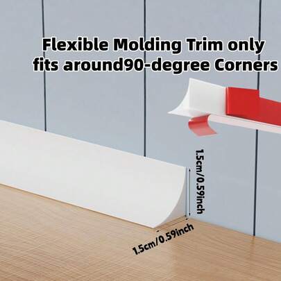 1pc 39.37 Inch/78.74 Inch/118.11 Inch Flexible L-Shaped Quarter Round Molding, White, Wall Decor Trim & Edging Self-Adhesive Flexible Caulk Strip Bendable Decorative Molding | Double-Sided Non-Sticky Peel And Stick Edging, Suitable For Floor Edges, Wall Corners, Stairs, Cabinets, Bathtub Edges | 0.59 Inch (W) * 0.59 Inch (H)