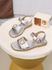 儿童时尚户外凉鞋，夏季方头平底鞋，单带凉鞋，新款女童鞋，时尚沙滩拖鞋 - 銀色 - 查看 4