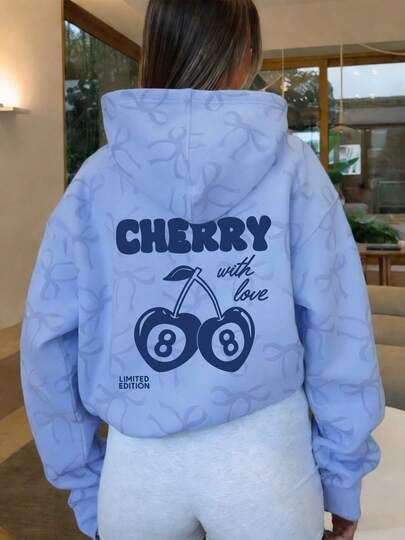 Áo nỉ giữ nhiệt lót trong in hình bướm và quả anh đào dành cho nữ, ấm áp và thoải mái.