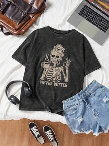 女士夏季骷髅字母印花休闲简约日常宽松水洗棉短袖圆领T恤上衣 女士夏季水洗棉可爱上衣 - 黑色 - 查看 2