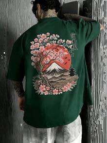 Fractyr 男士夏季时尚简约樱花与山峰刺绣印花圆领短袖T恤 | 基础款街头休闲T恤，男友礼物 - 墨綠色 - 查看 4