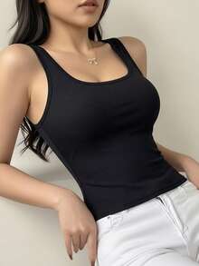 1 pieza Camiseta de tirantes con cuello cuadrado y acolchado para mujer - unicolor ajustado casual básico, cómodo y suave, esencial para primavera/verano - Negro - Ver 3