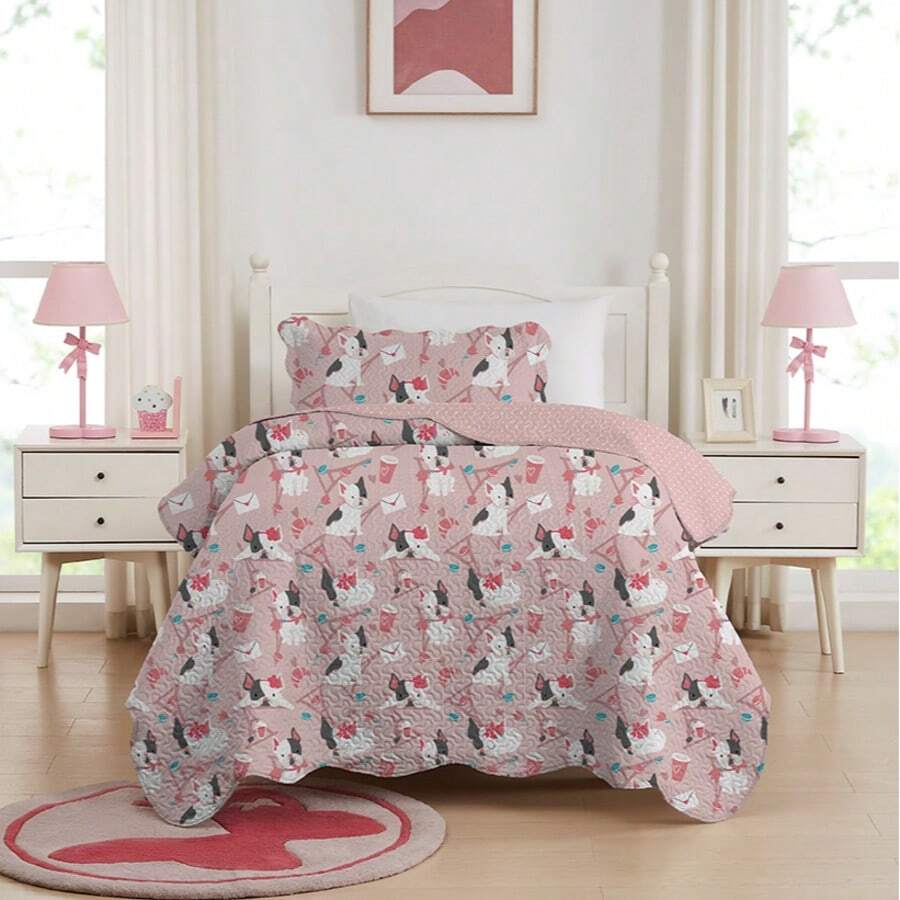 Double-Sided Single Bedspread Set For Girls And Children, Premium Decoration, 2 Pieces. Unmissable! - 小狗 - 查看 1