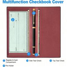 Premium Leather Checkbook Cover For Men And Women Checkbook Holder Wallet RFID Blocking - 紅葡萄酒 - 查看 2