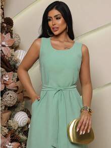 Casual Knot With Belt, Pocket, Vacation, Dating - Mint Green - View 3
