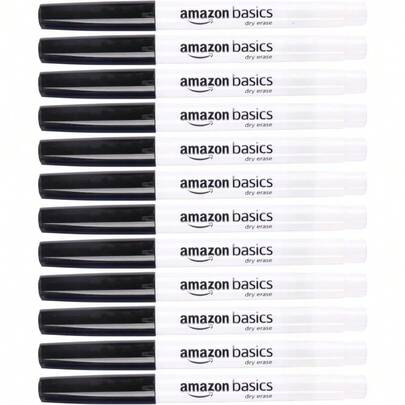 Basics Low Odor Ultra Fine Tip Dry Erase White Board Markers, Black, 12-Pack