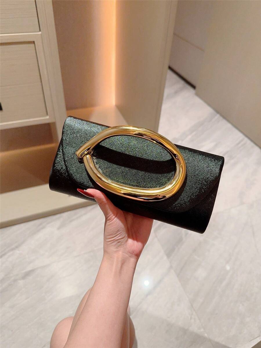 1件歐美時尚金屬裝飾迷你方盒手拿包，高端亮面金屬條女款手提包，優雅奢華晚宴包，適合正式禮服，PU皮革派對包/浪漫婚禮手拿包/舞會包/雞尾酒會包，適用於學校舞會，附金屬鍊條