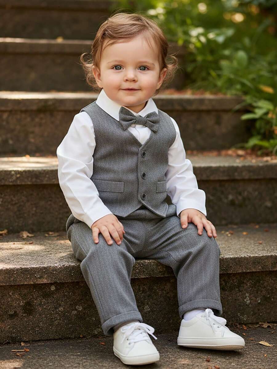 BOARNSEORL 男婴绅士套装三件套 - 白色领结衬衫、灰色马甲和背带裤,时尚有型,适合生日派对、婚礼和正式场合。 - 灰色 - 查看 1