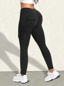 Y2K 高弹力工装裤，宽腰带，高腰翻盖口袋，瑜伽健身紧身裤，休闲百搭户外跑步裤，女士秋季服装 - 黑色 - 查看 5