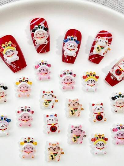 30 pièces/60 pièces Décorations d'art pour ongles en résine populaires Maneki Neko et Danse du Lion - Chats de style chinois adorables avec des clochettes, convient pour les autocollants à ongles DIY et l'artisanat