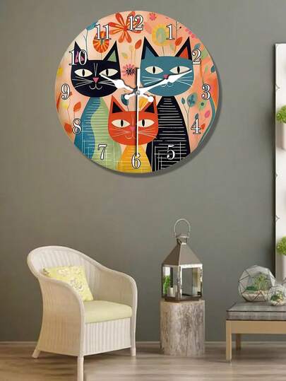 复古艺术可爱猫咪一家木质挂钟，静音设计，适用于客厅、卧室、家居、厨房、宠物店等场所的装饰挂件，宠物爱好者礼物，尺寸：10英寸 x 10英寸 x 12英寸（不含电池）