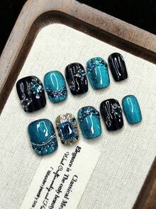 10片手工猫眼效果方形水钻精致奢华礼盒套装，适合女孩，可重复使用美甲用品，手工按压式美甲贴片 - 彩色 - 查看 3