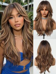 24 Inch Long Wavy Dark Brown Wig With Bangs Light Highlights Synthetic Wig, Natural-Looking Hairpiece For Women Perfect Daily Wear, Party & Fashion Styling - Màu nâu ombre - Xem 2