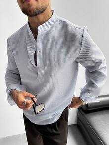 GloMan 男士半開襟立領亞麻長袖襯衫，輕盈透氣寬鬆休閒風，適合夏季度假、派對、辦公室日常穿著，男士禮物 - 藏蓝色 - 查看 7