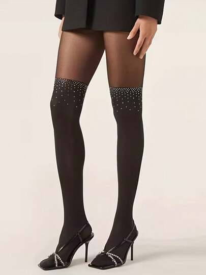 1 Pair Women's Sequin Patchwork Lace-Up High Waist Skinny Pants, High Elasticity, Fashionable Versatile, Lightweight Sexy Retro Design, Suitable For Daily Wear