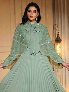 Elegant Women's Pleated Maxi Dress With Beaded Pearl Cape And Round Neck Long Sleeves Non-Stretch Fabric For Special Occasions - Mint Green - View 7