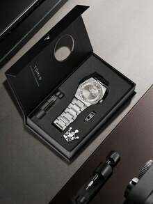 TOMI 男士腕表，配有表冠胸针、戒指、拆卸工具，简约设计，圆形表盘镶嵌钻石，锌合金表带，石英机芯，礼盒包装，适合日常生活、商务场合、父亲节、情人节、圣诞节等场合佩戴。 - 銀色 - 查看 10