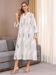 Elegant Embroidered Beaded Abaya Dress, V-Neck With Golden Tassel, 3/4 Sleeve, Fresh And Fashionable 2026 New Style Ramadan Traditional - White - View 8