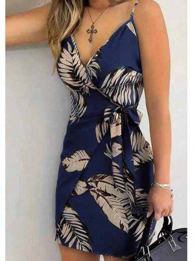 Women's Plant Print Wrap Tie Front Casual Cami Dress