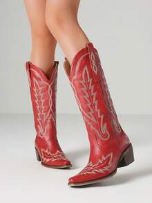 Women's Vintage Classic Western Knee High Cowboy Boots Fashion Embroider Block Chunky Heel Pull On Pointed Toe Retro Cowgirl Boots - Red - View 8