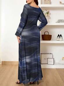 Pretty and Ole 女式加大码围脖领扎染印花连衣裙，休闲优雅加大码束腰连衣裙，柔软网眼面料，高弹性，春夏季 - 藏蓝色 - 查看 4