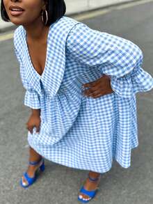 Plus Size Blue & White Plaid A-Line Mini Skirt, Ruffle Trim Detail, Deep V-Neck, Flared Sleeves, Woven Fabric, Pleated Ruffle Hem, Perfect For Picnics - Blue and White Checkered - View 3